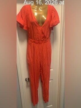 Endless Rose Bright Orange V-Neck Jumpsuit with Flutter Sleeves (Bin 3-023)